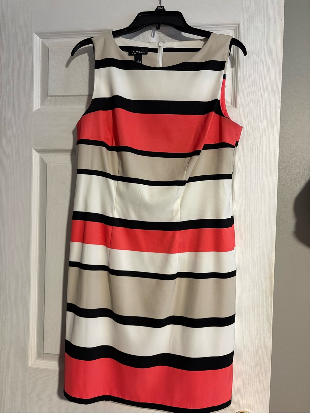 Alyx Coral, Black & Cream Striped Midi Sheath Dress